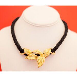 Vintage Gold/Dark Black Rope Flower Leaf Necklace 16-18 Inches F3